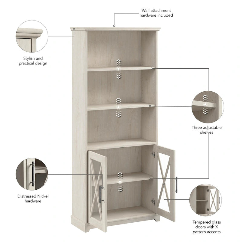 Lennox Farmhouse 5 Shelf Bookcase with Glass Doors by Bush Furniture