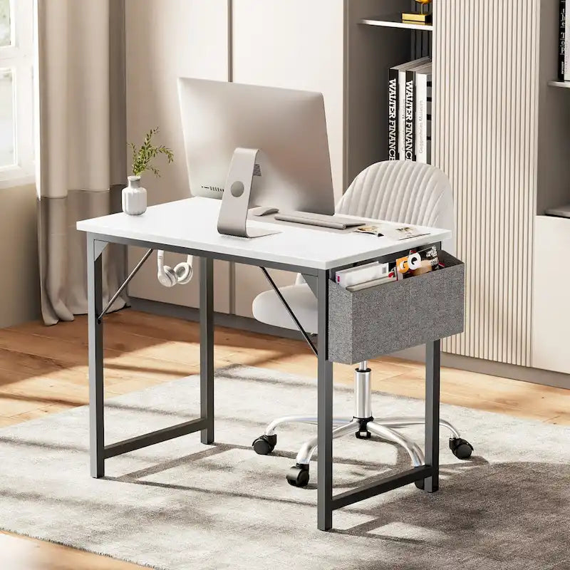 Modern Computer Office Desk with Storage Bag and Headphone Hook for Bedrooms and Study Corners or Small Home Offices