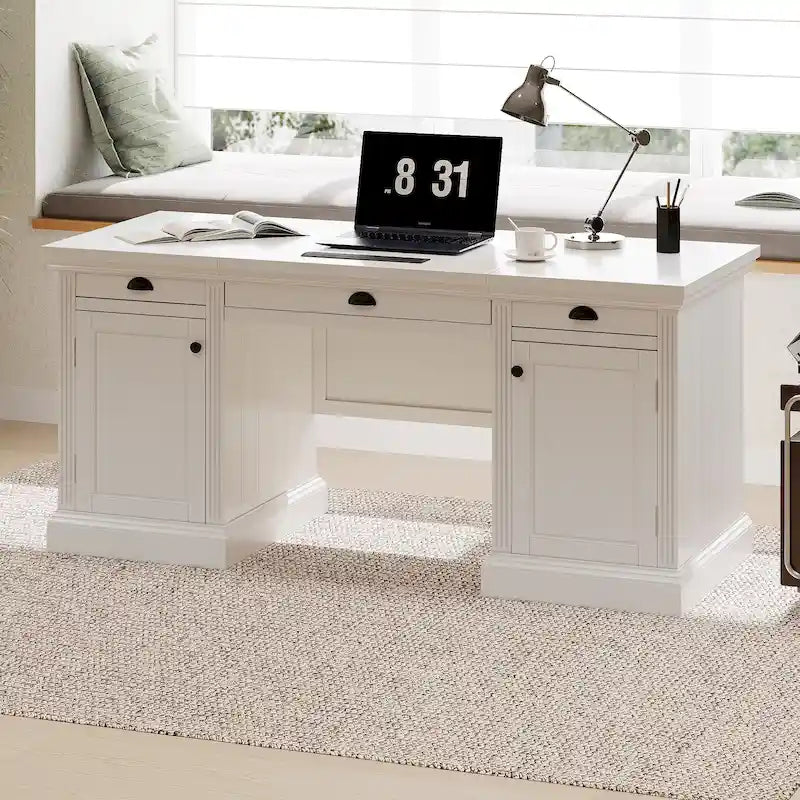 Mid Century Writing Office Desk with Hutch and Open Shelves for Small Home Office or Bedroom Workspaces