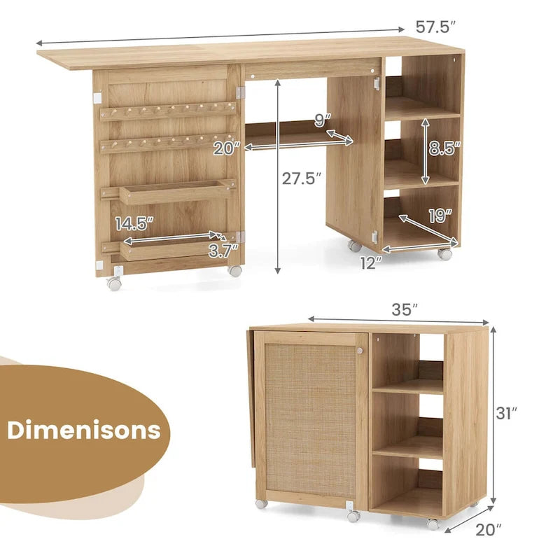 Costway Rattan Sewing Machine Table with Rattan Door 18 Pegs Storage - See Details