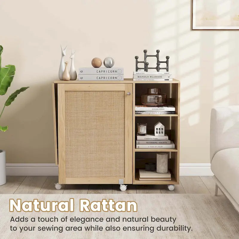 Costway Rattan Sewing Machine Table with Rattan Door 18 Pegs Storage - See Details