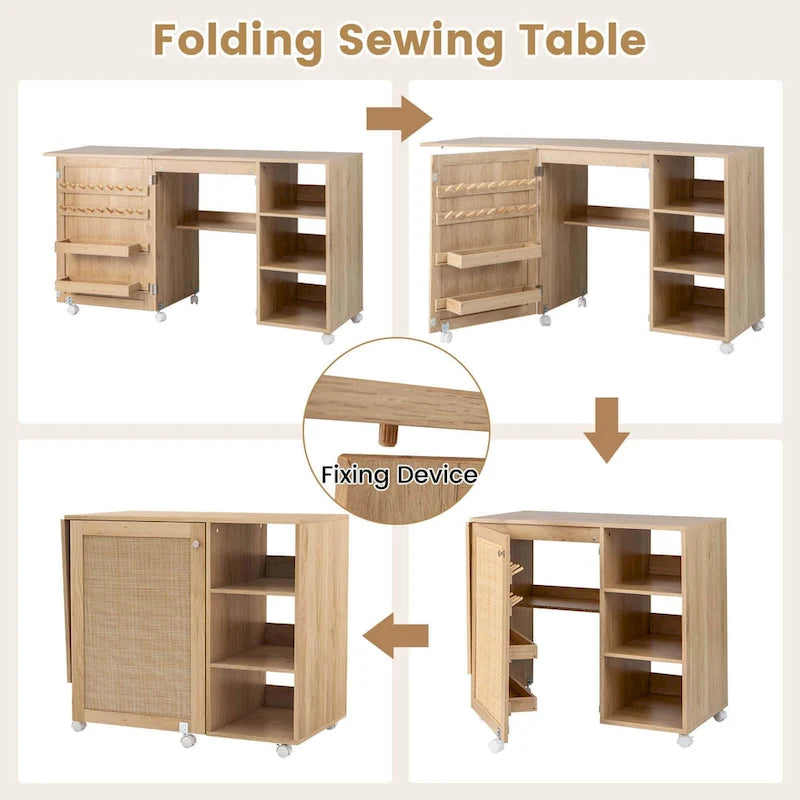 Costway Rattan Sewing Machine Table with Rattan Door 18 Pegs Storage - See Details