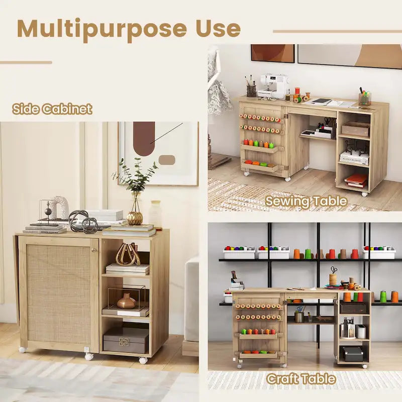 Costway Rattan Sewing Machine Table with Rattan Door 18 Pegs Storage - See Details