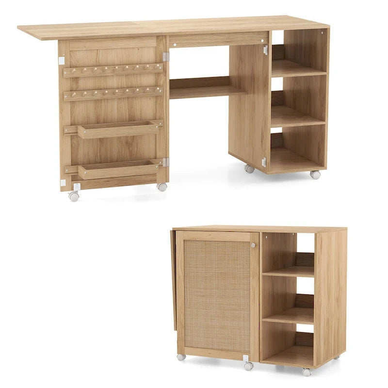 Costway Rattan Sewing Machine Table with Rattan Door 18 Pegs Storage - See Details