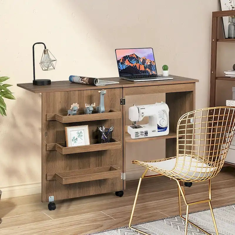 Gymax Folding Sewing Craft Table Shelf Storage Cabinet Home Furniture