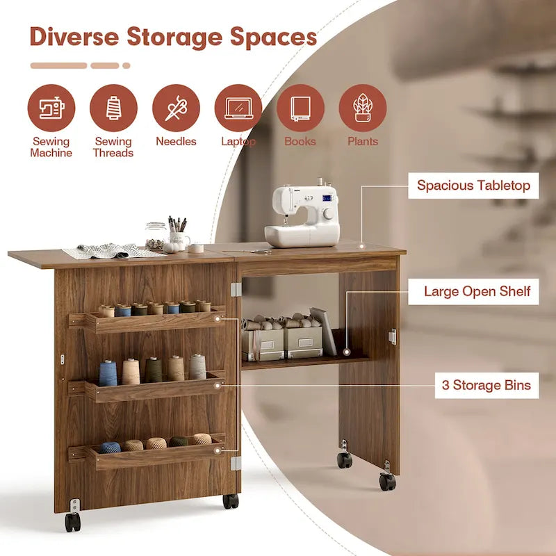 Gymax Folding Sewing Craft Table Shelf Storage Cabinet Home Furniture