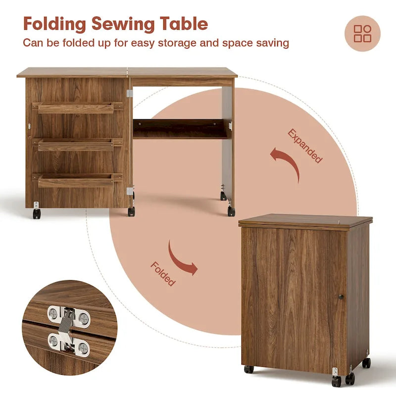 Gymax Folding Sewing Craft Table Shelf Storage Cabinet Home Furniture