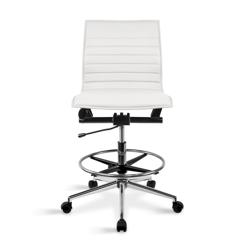 Modern Drafting Chair Upholstered PU Leather Ribbed Armless Mid Back with Tall Adjustable Base & Leg Rest