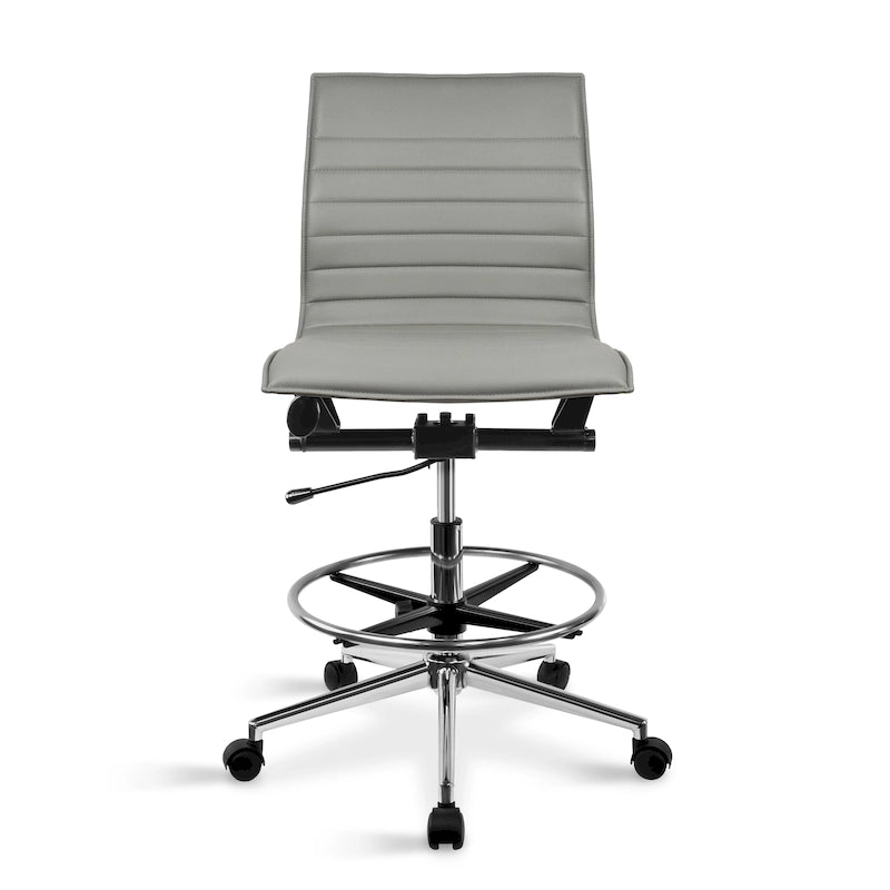 Modern Drafting Chair Upholstered PU Leather Ribbed Armless Mid Back with Tall Adjustable Base & Leg Rest