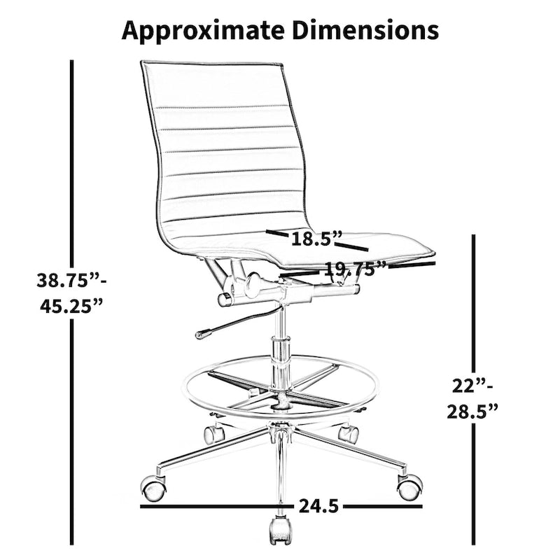 Modern Drafting Chair Upholstered PU Leather Ribbed Armless Mid Back with Tall Adjustable Base & Leg Rest