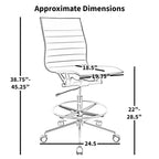 Modern Drafting Chair Upholstered PU Leather Ribbed Armless Mid Back with Tall Adjustable Base & Leg Rest