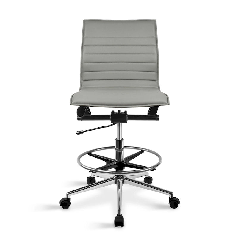 Modern Drafting Chair Upholstered PU Leather Ribbed Armless Mid Back with Tall Adjustable Base & Leg Rest