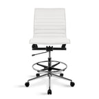 Modern Drafting Chair Upholstered PU Leather Ribbed Armless Mid Back with Tall Adjustable Base & Leg Rest