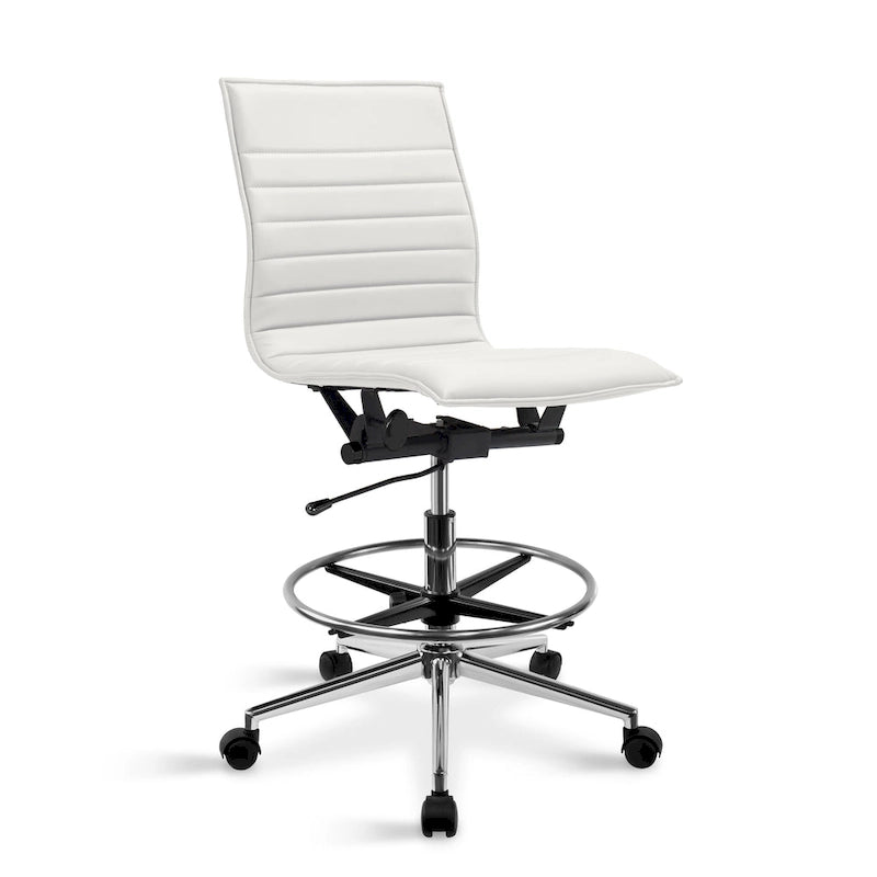 Modern Drafting Chair Upholstered PU Leather Ribbed Armless Mid Back with Tall Adjustable Base & Leg Rest