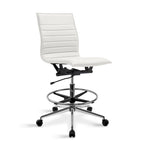 Modern Drafting Chair Upholstered PU Leather Ribbed Armless Mid Back with Tall Adjustable Base & Leg Rest