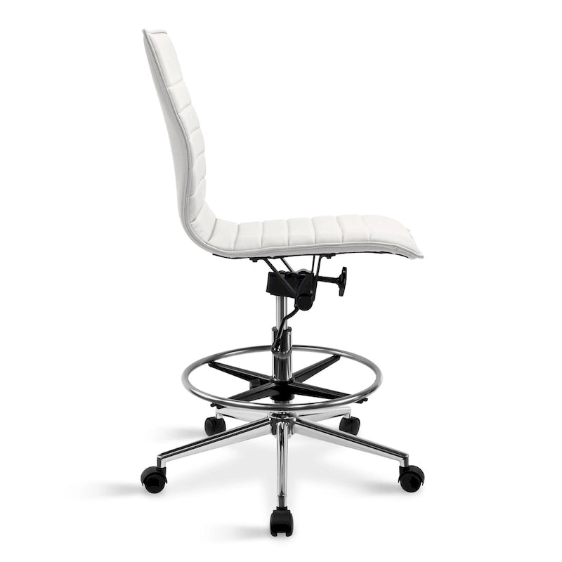 Modern Drafting Chair Upholstered PU Leather Ribbed Armless Mid Back with Tall Adjustable Base & Leg Rest