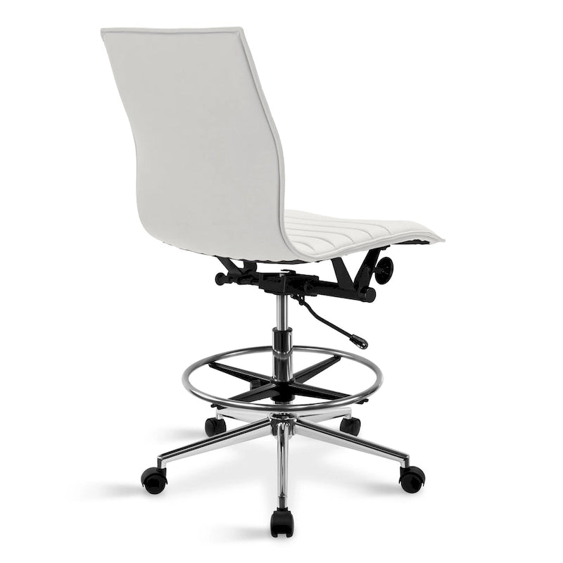 Modern Drafting Chair Upholstered PU Leather Ribbed Armless Mid Back with Tall Adjustable Base & Leg Rest