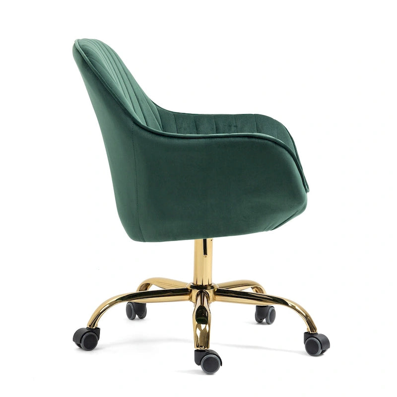 Green Velvet Swivel Chair With High Back, Adjustable Working Chair With Gold Base