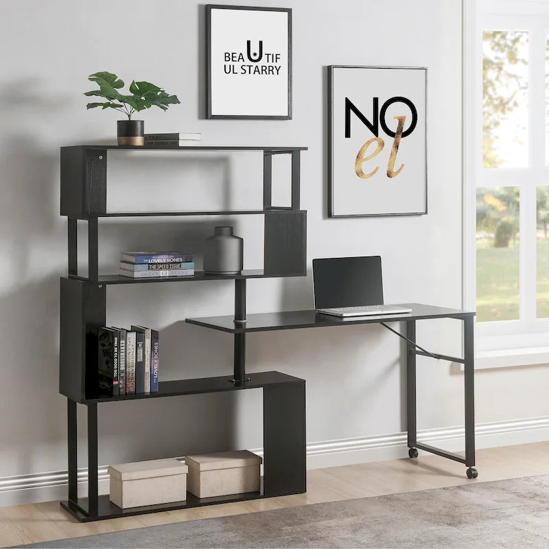 Home Office Computer Desk L-Shaped Corner Table, Rotating Computer Table with 5-Tier Bookshelf