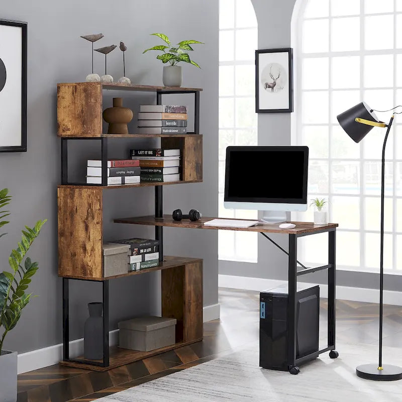 Home Office Computer Desk L-Shaped Corner Table, Rotating Computer Table with 5-Tier Bookshelf