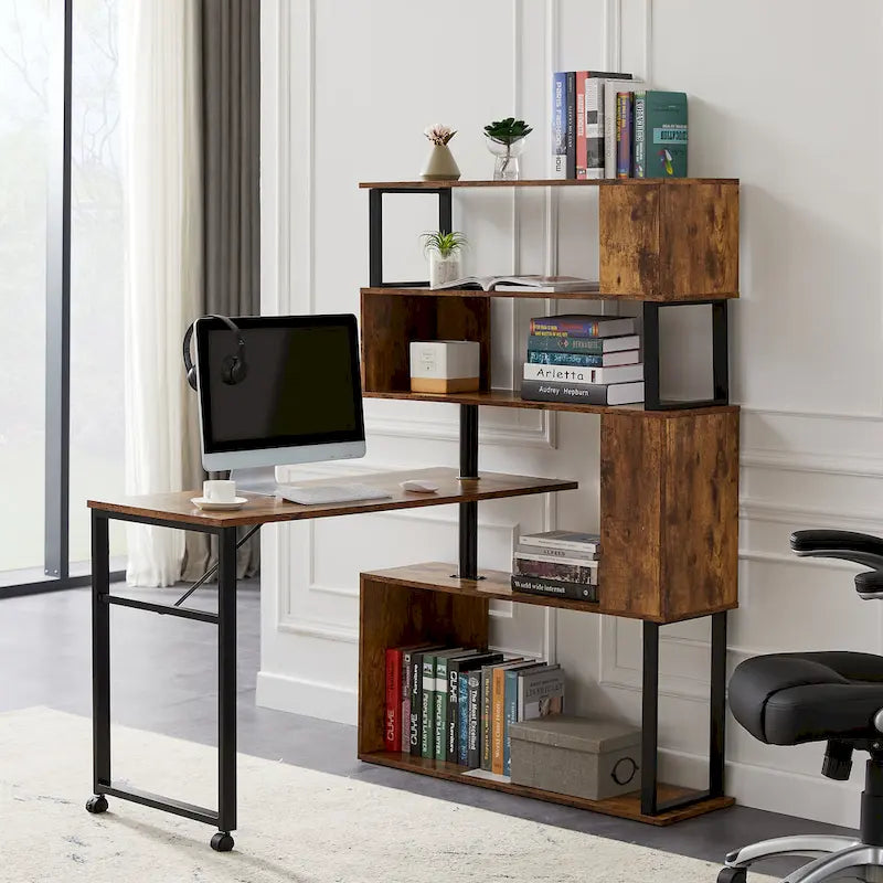 Home Office Computer Desk L-Shaped Corner Table, Rotating Computer Table with 5-Tier Bookshelf