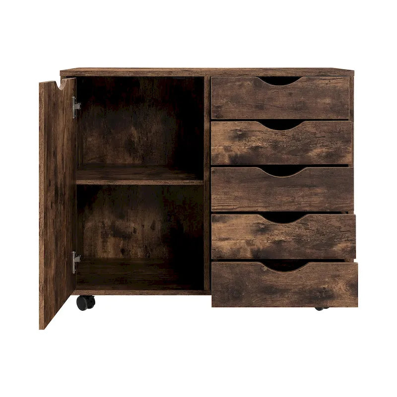 5-Drawer Wood Storage Dresser Cabinet with Wheels - Craft Organizer and Makeup Drawer Unit for Closet and Bedroom