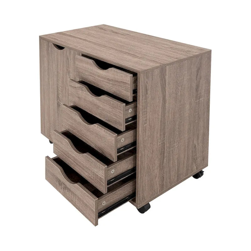 5-Drawer Wood Storage Dresser Cabinet with Wheels - Craft Organizer and Makeup Drawer Unit for Closet and Bedroom