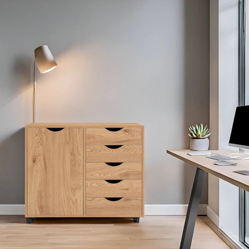 5-Drawer Wood Storage Dresser Cabinet with Wheels - Craft Organizer and Makeup Drawer Unit for Closet and Bedroom