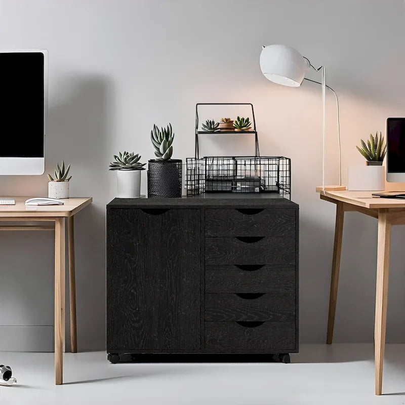 5-Drawer Wood Storage Dresser Cabinet with Wheels - Craft Organizer and Makeup Drawer Unit for Closet and Bedroom