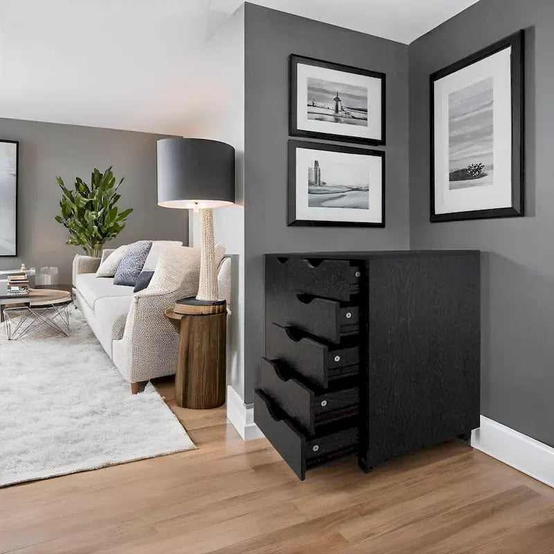 5-Drawer Wood Storage Dresser Cabinet with Wheels - Craft Organizer and Makeup Drawer Unit for Closet and Bedroom