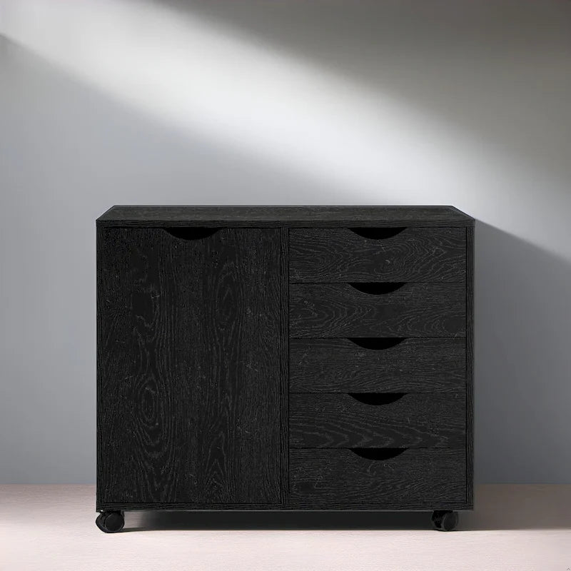5-Drawer Wood Storage Dresser Cabinet with Wheels - Craft Organizer and Makeup Drawer Unit for Closet and Bedroom