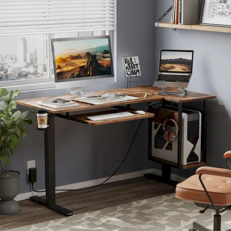57 inch Electric Standing Desk Adjustable Height L Shaped Desk with Keyboard Tray and Host Shelf