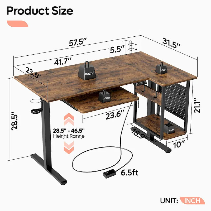 57 inch Electric Standing Desk Adjustable Height L Shaped Desk with Keyboard Tray and Host Shelf