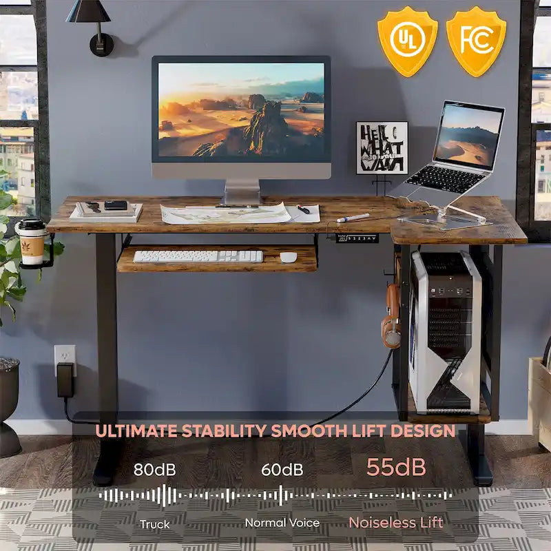 57 inch Electric Standing Desk Adjustable Height L Shaped Desk with Keyboard Tray and Host Shelf