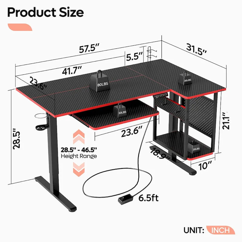 57 inch Electric Standing Desk Adjustable Height L Shaped Desk with Keyboard Tray and Host Shelf