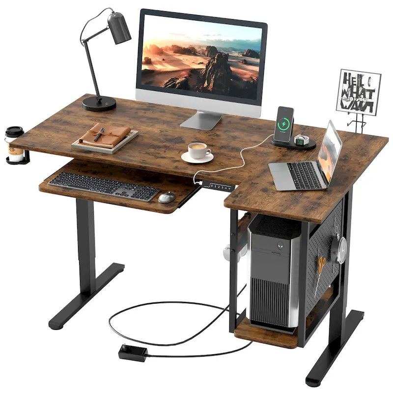 57 inch Electric Standing Desk Adjustable Height L Shaped Desk with Keyboard Tray and Host Shelf