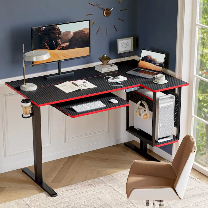 57 inch Electric Standing Desk Adjustable Height L Shaped Desk with Keyboard Tray and Host Shelf