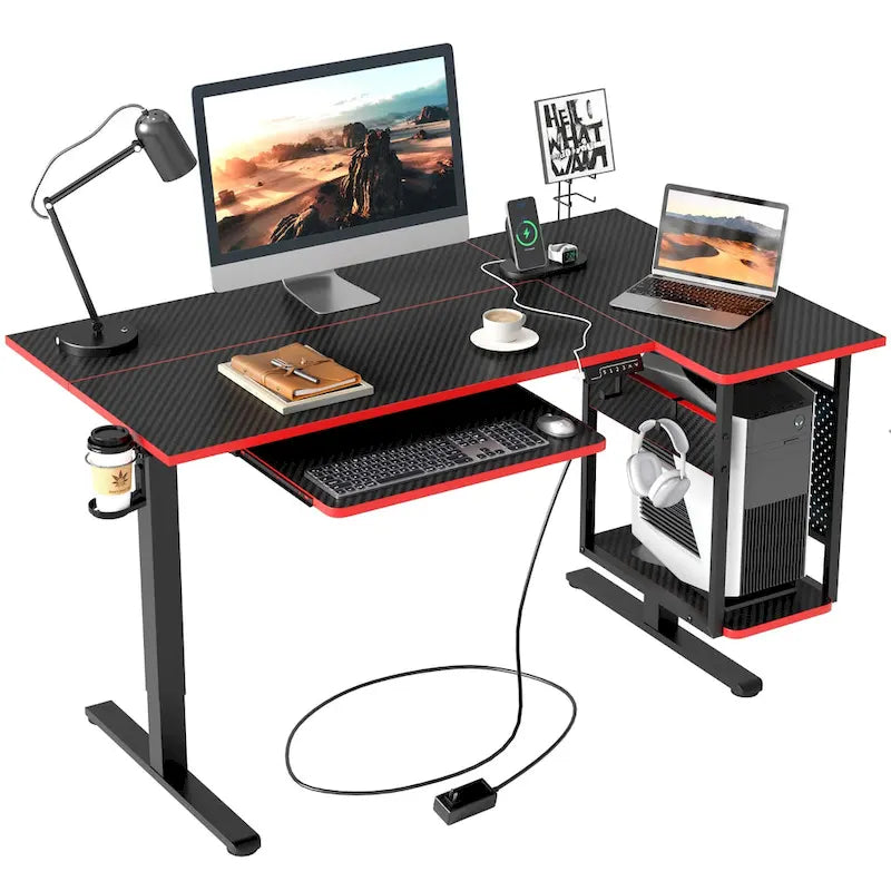 57 inch Electric Standing Desk Adjustable Height L Shaped Desk with Keyboard Tray and Host Shelf