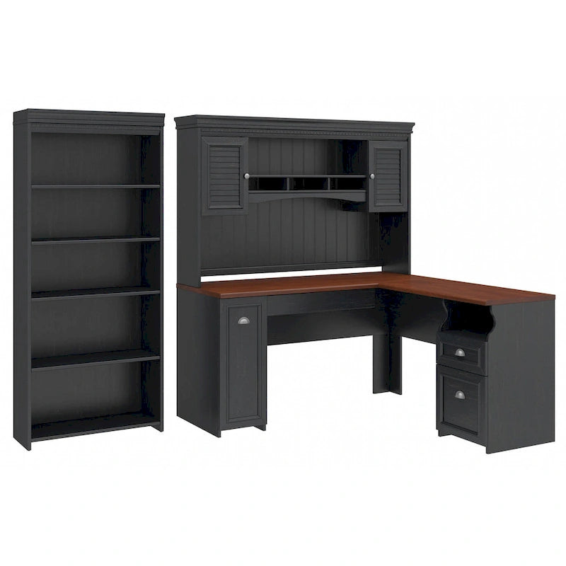 Fairview 60W L Shaped Desk with Hutch and Bookcase by Bush Furniture