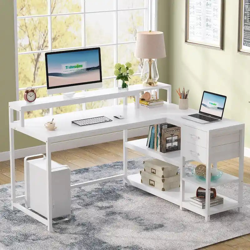 Modern L Shaped Computer Desk with Drawer and storage shelf