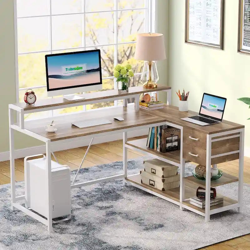 Modern L Shaped Computer Desk with Drawer and storage shelf