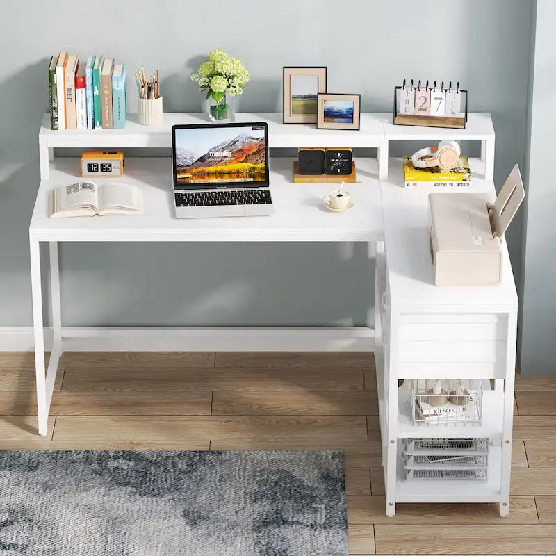 Modern L Shaped Computer Desk with Drawer and storage shelf