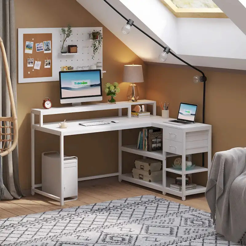 Modern L Shaped Computer Desk with Drawer and storage shelf
