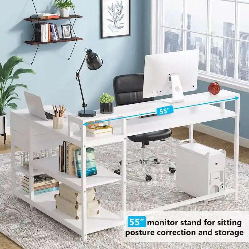 Modern L Shaped Computer Desk with Drawer and storage shelf
