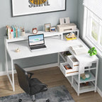 Modern L Shaped Computer Desk with Drawer and storage shelf