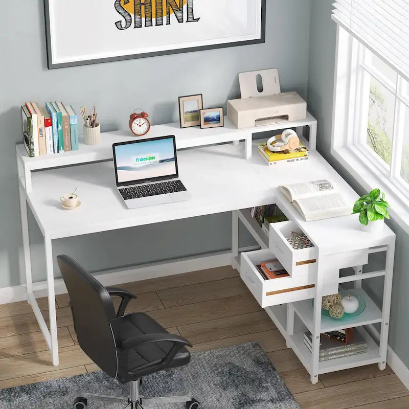 Modern L Shaped Computer Desk with Drawer and storage shelf