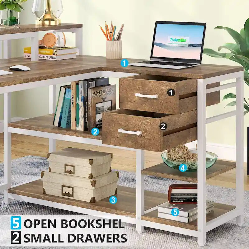 Modern L Shaped Computer Desk with Drawer and storage shelf