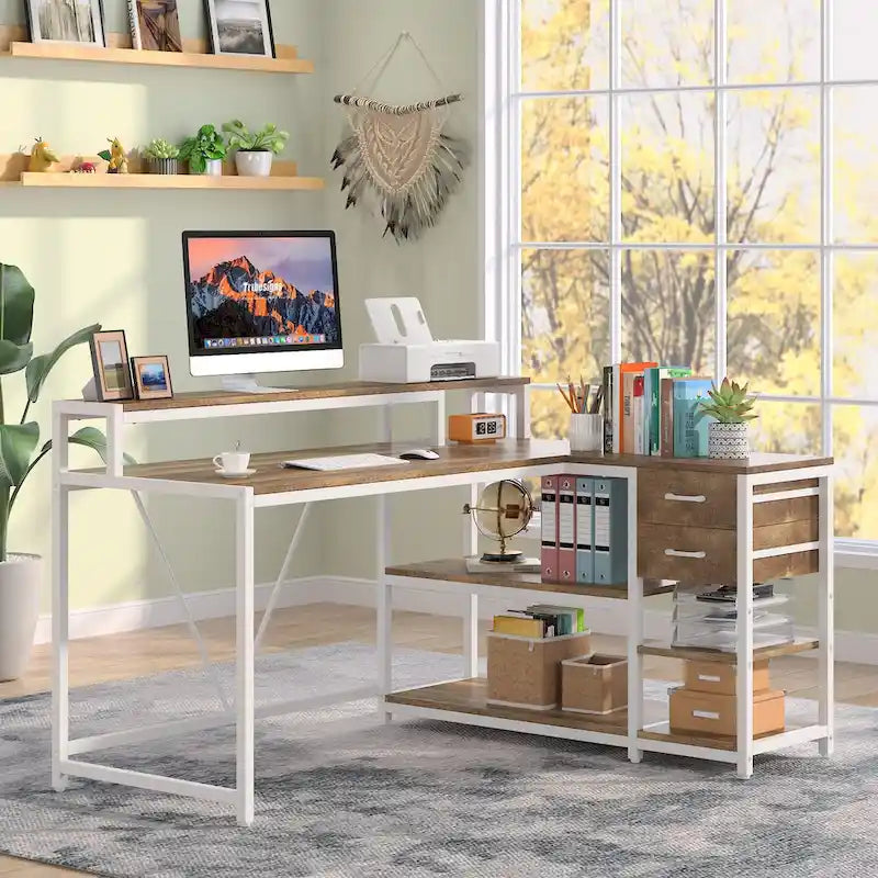 Modern L Shaped Computer Desk with Drawer and storage shelf