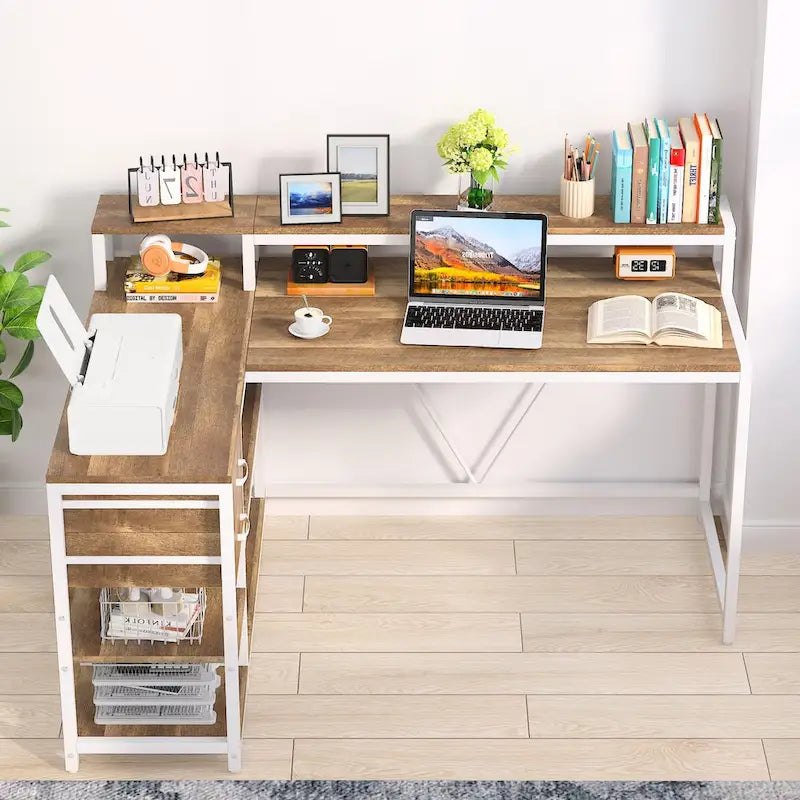 Modern L Shaped Computer Desk with Drawer and storage shelf