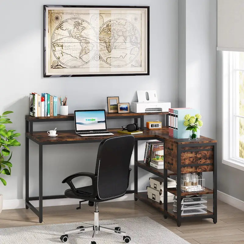 Modern L Shaped Computer Desk with Drawer and storage shelf